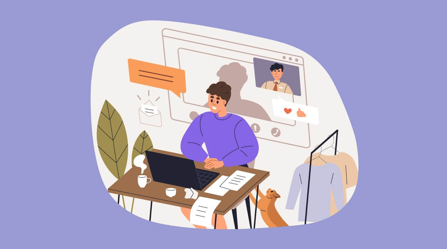 Person working from home at a desk with a laptop, on a video call, with a dog nearby and clothes hanging in the background. Messages and icons float around, showing online communication.